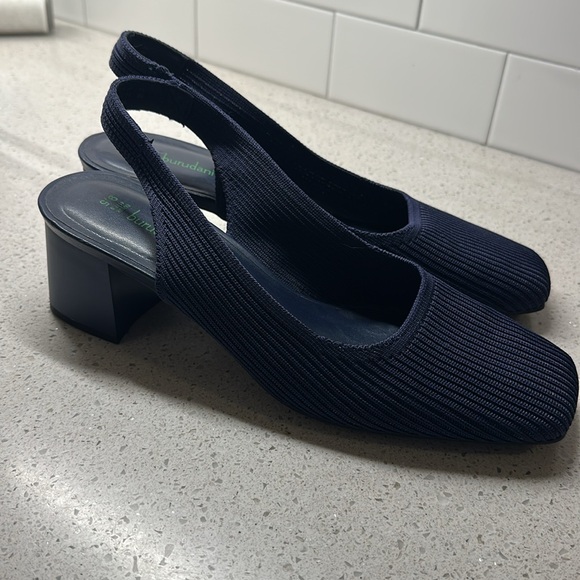 Navy Blue Ribbed Sling backs with Block Heel - Picture 5 of 9